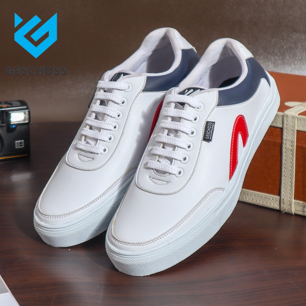 GESCHOSS 39-43 White Red - Sepatu Sneakers Casual Pria Cowo GSH7808 Putih - COD