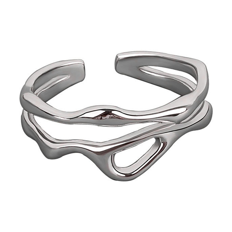 Perhiasan Cincin Geometris Garis Ganda Model Rongga Tidak Teratur Warna Silver Dapat Disesuaikan Untuk Wanita