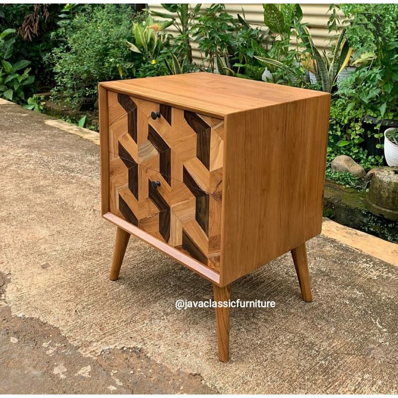 NAKAS RETRO MOTIF MINIMALIS UNIK BEDSIDE TABLE LACI 2 PUK SAMPING TEMPAT TIDUR BAHAN KAYU JATI FINISHING NATURAL FURNITURE JEPARA-2