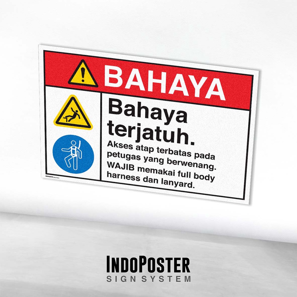 

Stiker Safety Sign Rambu K3 ANSI Bahaya Terjatuh Dari Atap Harness