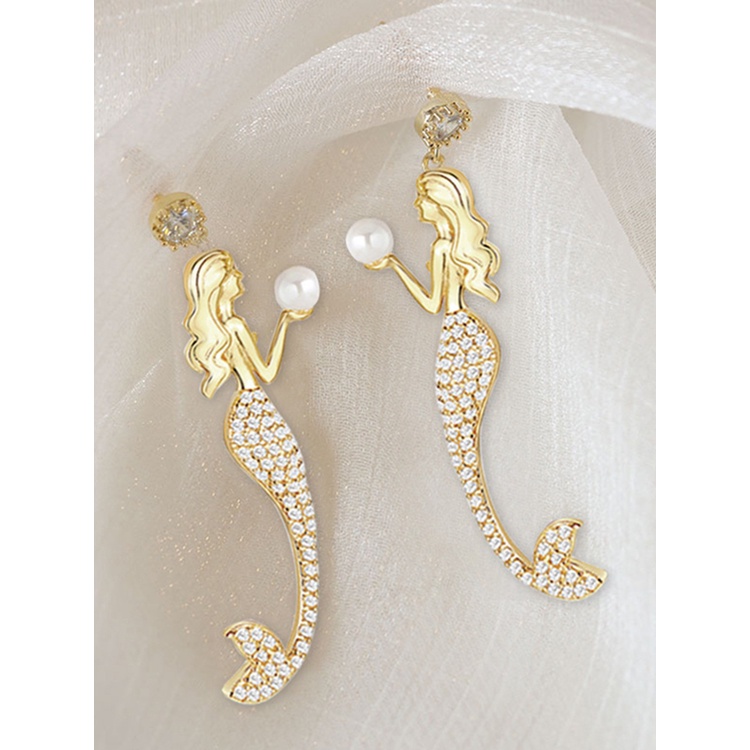 Anting Panjang Desain Mermaid Aksen Zirkon Untuk Wanita