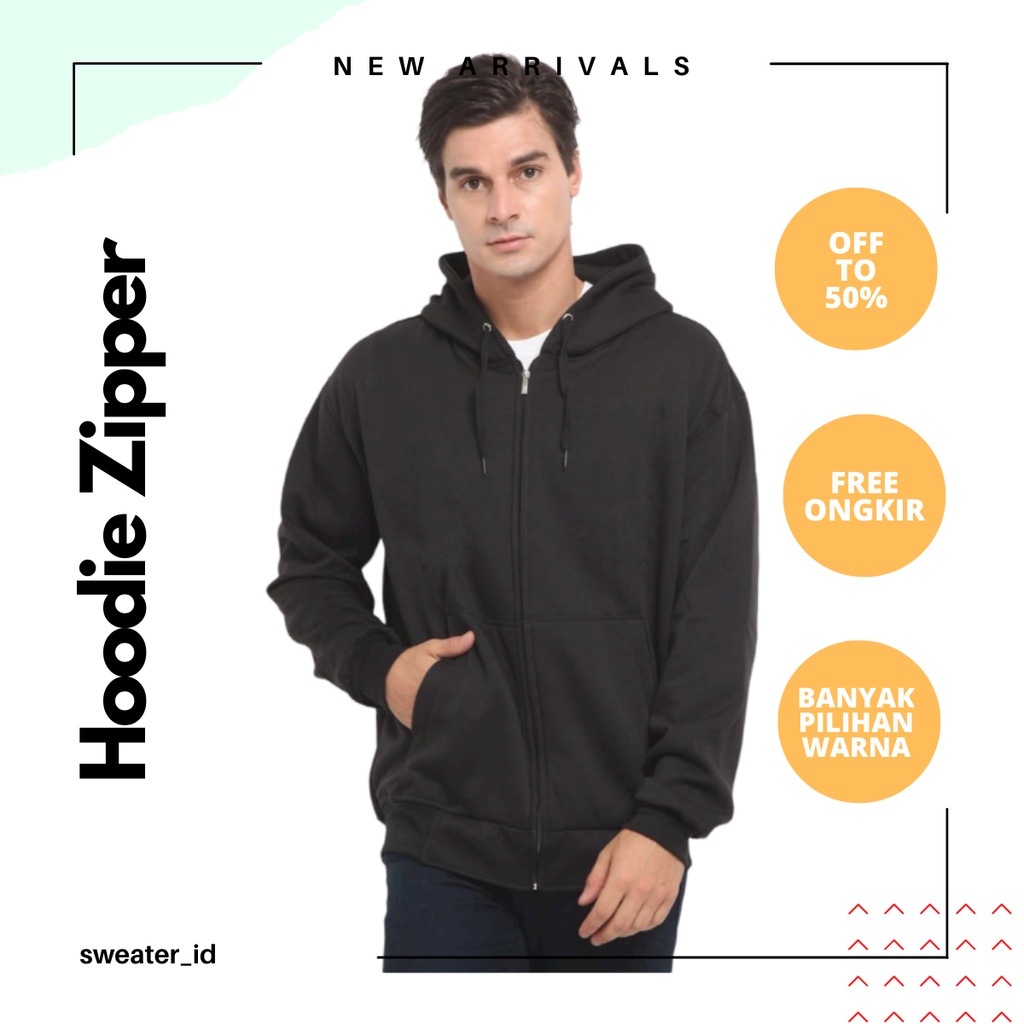 SWEATER_ID Hoodie Zipper Hitam Polos Jaket Resleting Pria &amp; Wanita Premium Quality Bahan Fleece Tebal M L XL XXL