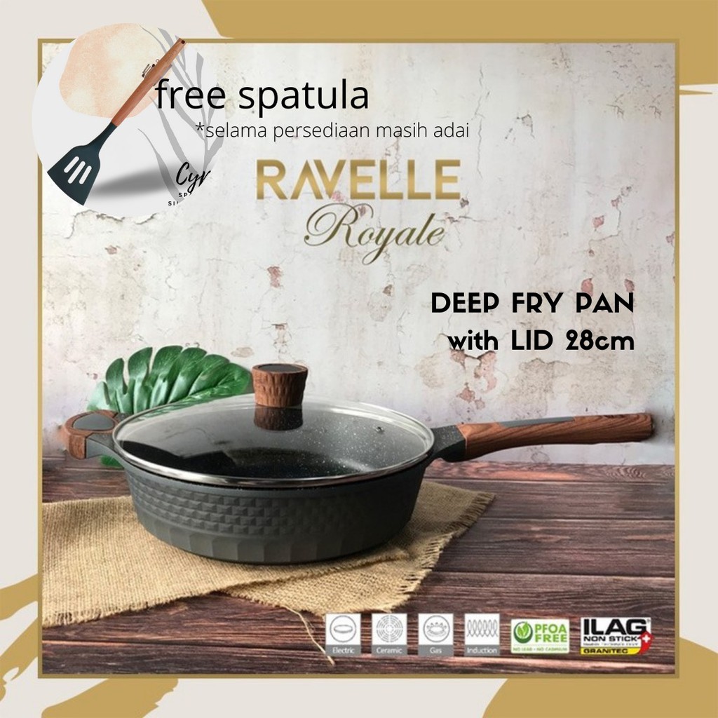 Ravelle Deep Frypan Panci Granite With Lid 28cm ( FREE SODET CYPRUS PINK )