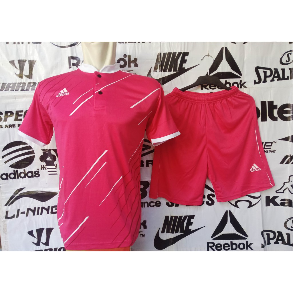 Setelan Jersey Futsal, Sepak Bola & Voly Adidas Zimba Pink List Putih Kancing Kerah Sanghai Grosir
