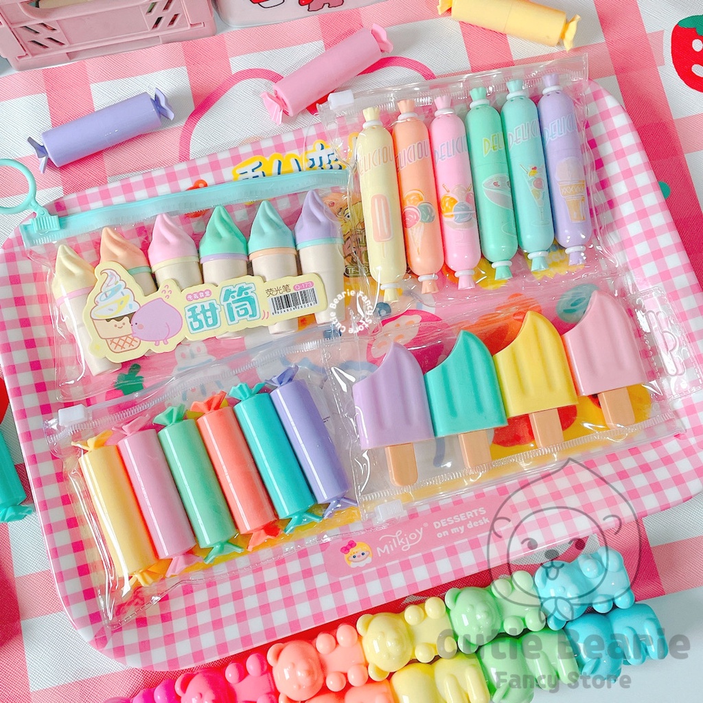 

⭐Cutiebearie⭐ [SET] Stabilo Highlighter Pastel Lucu Set Warna Warni Murah Sosis Permen Es Krim