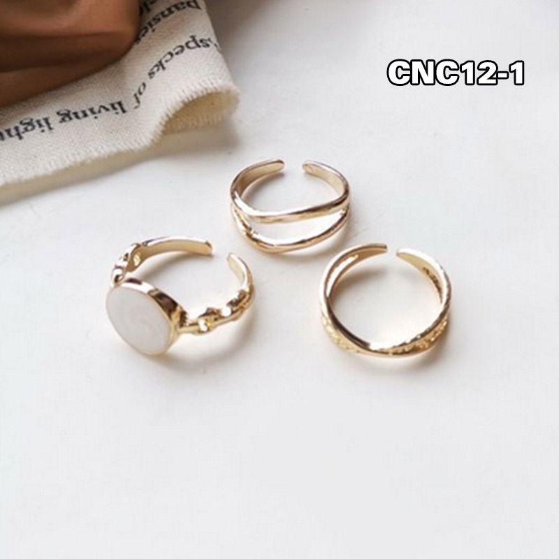 Cincin Titanium Wanita 1 Set 3 Pcs Lapis Emas Bentuk Bulat Putih Fashion Korea Aksesoris cincin import CNC12