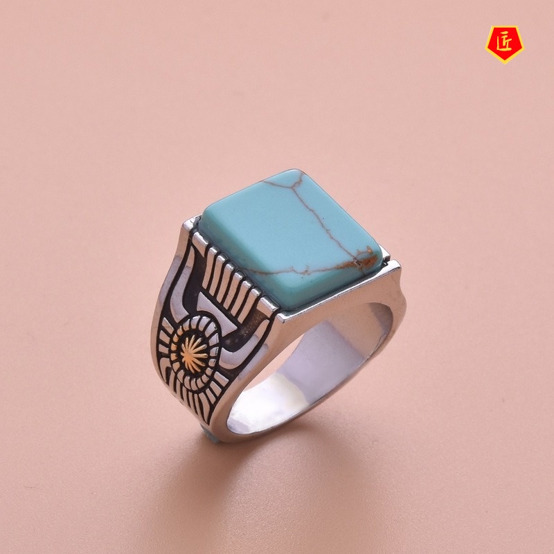 [Ready Stock]Inlaid Square Turquoise Sunflower Ring 18K Gold Color Separation Fashion Personality