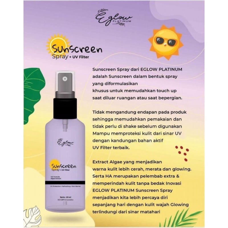 Sunscreen Spray Eglow Platinum SPF 45+ UV Filter | Sunscreen SPF45 PA