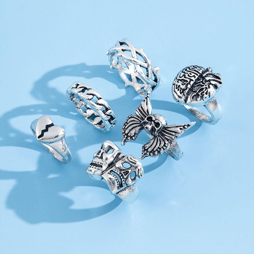 Mxbeauty Butterfly Ring set 6pcs/set Unik Vintage Fashion Tengkorak Kepribadian Hadiah Hari Valentine Paduan Gaya Korea Jari Cincin