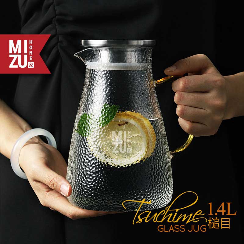 MIZU TSUCHIME 1.4L Glass Jug Hammered Finish Teko Kaca Borosilikat Jepang Teko Air Teh Infused Water-5