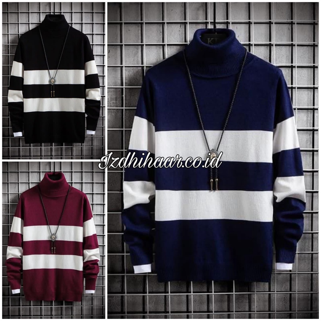 Sweater Rajut Pria Kerah Tinggi | Sweater Rajut Turtleneck Garis - Garis | Switer Rajut | Sweater Rajut | Knitwear | Outerwear