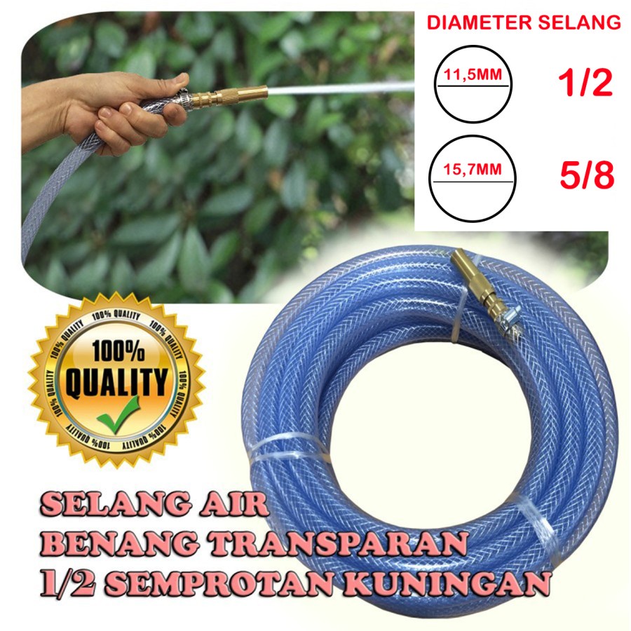 SELANG AIR BENANG TRANSPARAN 1/2 + SEMPROTAN AIR LURUS KUNINGAN 6 M