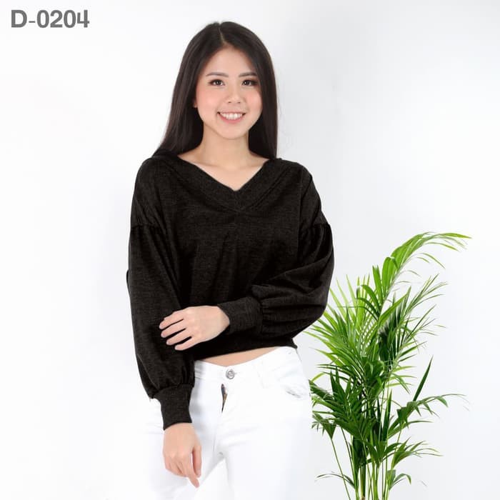 BAJU SWEATER V-NECK MURAH CEWEK/WANITA PANJANG KEKINIAN VIRA 1406 - Hitam