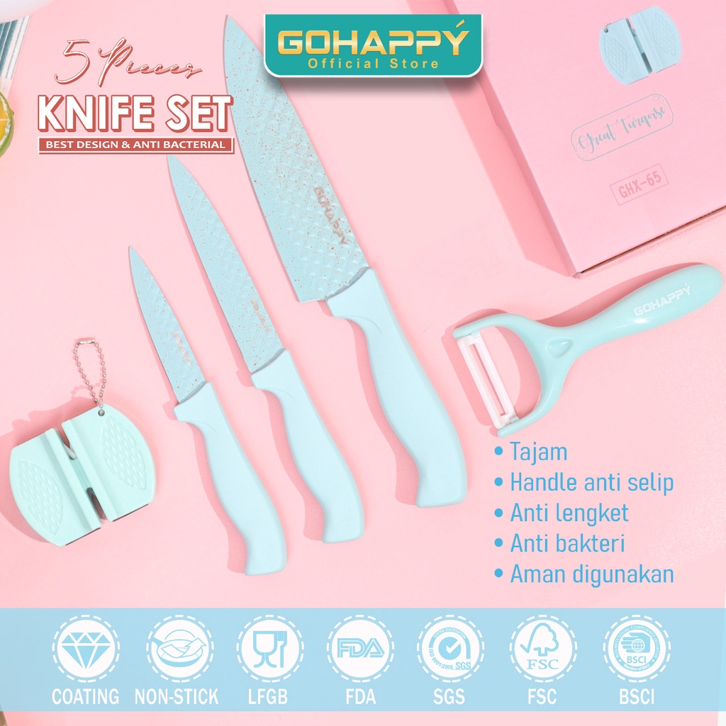 Pisau Diamond Pastel Cut 5 in 1 set Pastel PREMIUM 5in1 pisau dapur masak pengupas potong-Beautiful Pink or Great Turqoise- Pisau Keramik Pastel Pisau Stainless