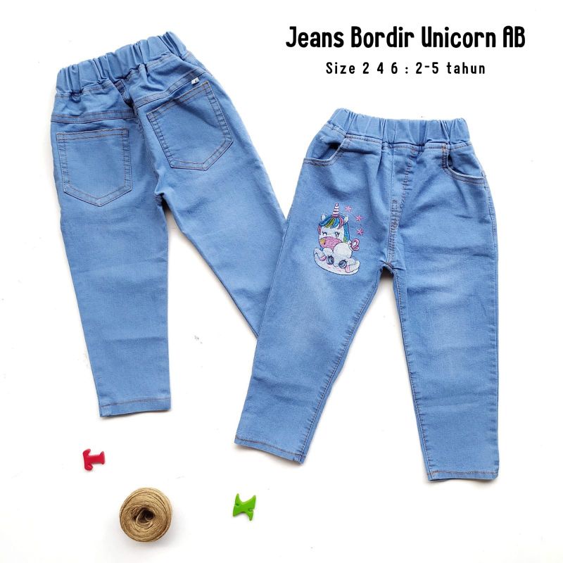 Celana Jeans Jins Panjang Anak Cewek Perempuan 2 3 4 5 Tahun Bordir Unicorn