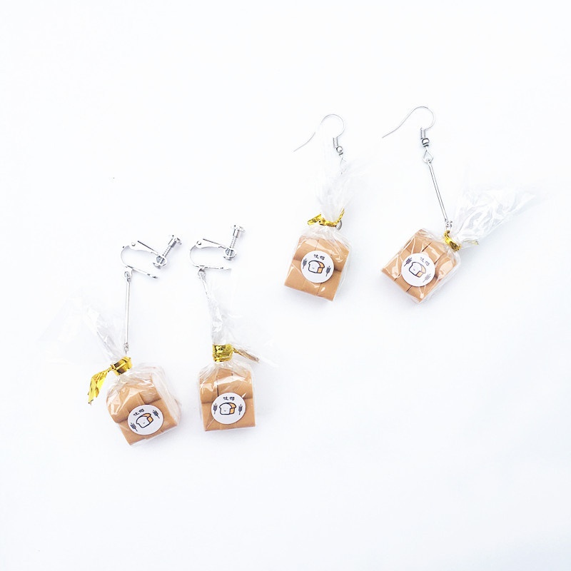 LVN- Creative Handmade Mini Simulation Toast Bread Drop Earrings Ear Clip Women Fashion Jewelry