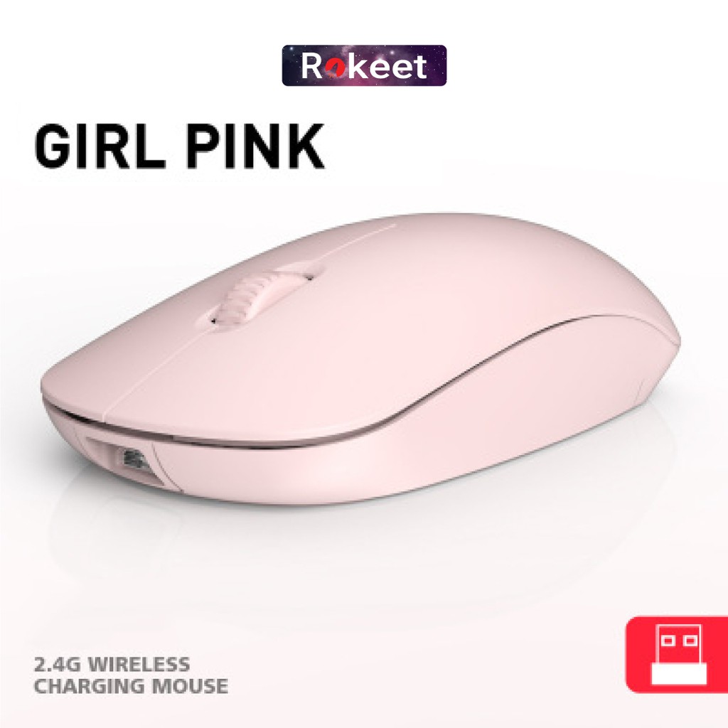Rokeet Mouse Wireless Silent Click Rechargeable Optical Mouse Gaming 2.4Ghz-Pink