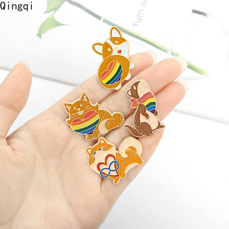 Bros Pin Enamel Bentuk Kartun Hewan Kucing Kelinci Corgi Tupai Warna Pelangi Untuk Hadiah