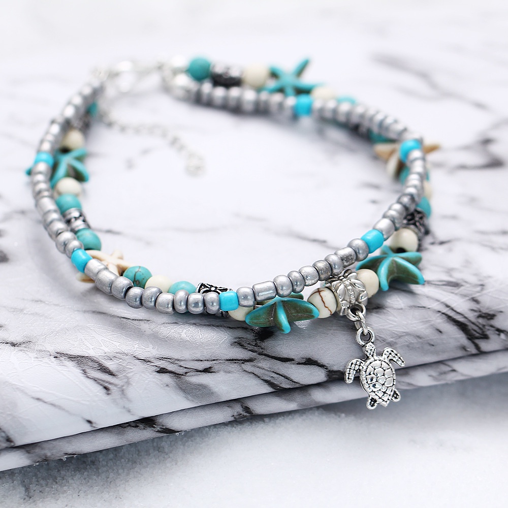 Ocean Series Double Anklet Turtle Wave Tree Pendant Gelang Kaki Beras Manik-manik Perhiasan Gelang Kaki