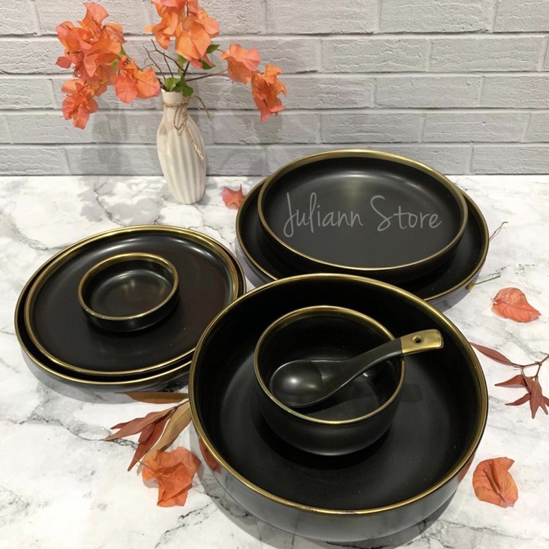 PIRING MANGKOK SENDOK KERAMIK CANTIK HITAM / PUTIH