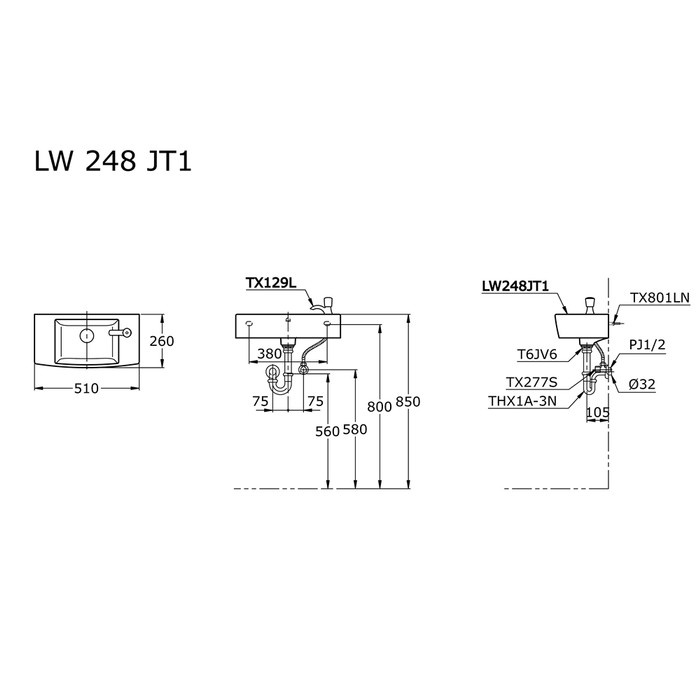 T.Lillie - Toto Wastafel Gantung Kotak/Kecil Lw248Jt1 Complete Tanpa Kran