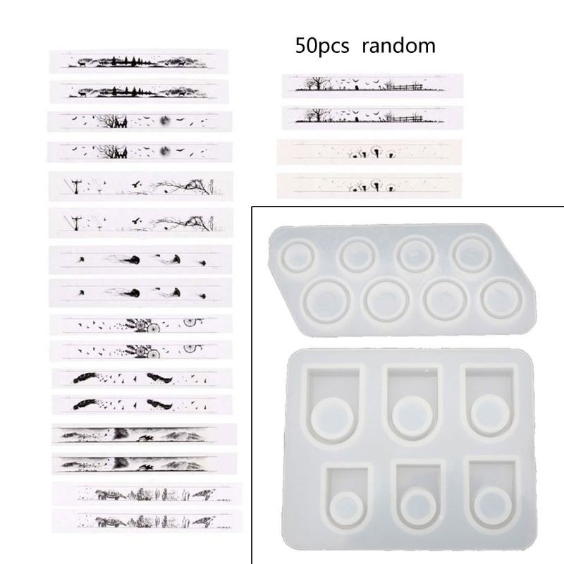 Glitter 52Pcs Assorted Sizes Round Square Flat Ring Silicone Resin Mold Ring Band Jewelry Making Tool US Size 5-12 with Fillings