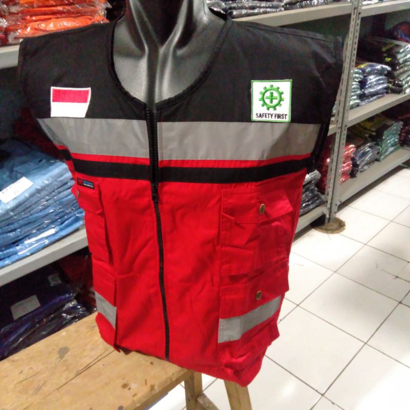 ROMPI SAFETY PREMIUM BAHAN FULL KAIN DRILL DALAM PAKAI FURING FREE LOGO 4 KANTONG MERAH HITAM