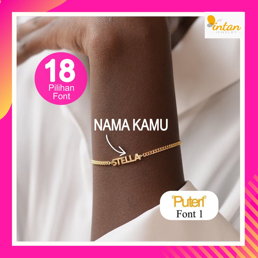 Gelang Nama Rantai Besar Tebal Custom TITANIUM LAPIS EMAS ASLI INISIAL UKIR KAMU HURUF CUSTOME POLOS