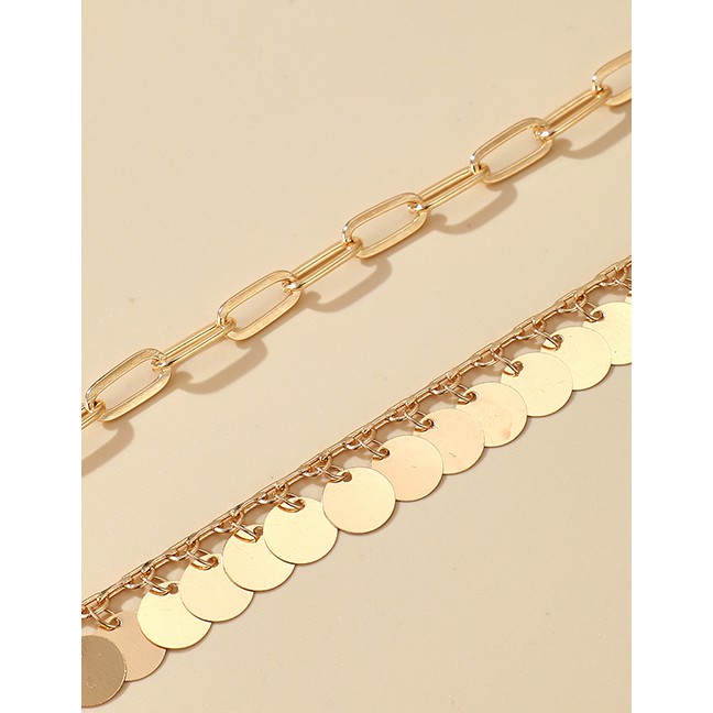 LRC Gelang Kaki Fashion Golden Thick Chain Tassel Water Drop Disc Multilayer Anklet P06604