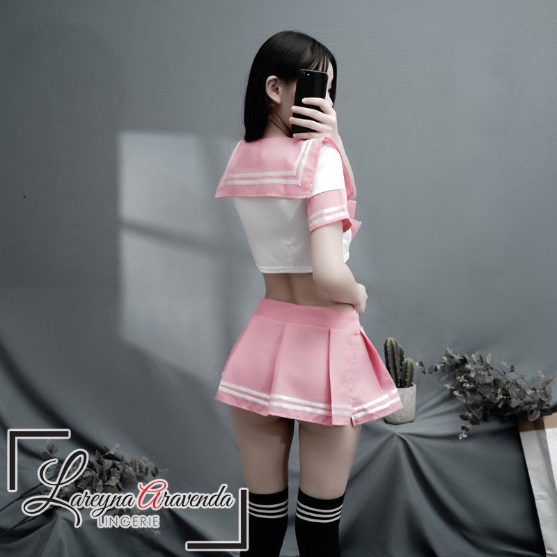 Lingerie + Rok Seksi Fit M/L/XL Kostume Pelajar Pink Dasi Kupu Kupu LG401