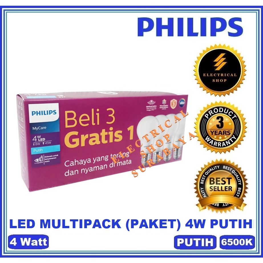 PHILIPS LAMPU LED BULB MULTIPACK MYCARE 4W 4 WATT PUTIH PENGGANTI 5W BUNDLING PAKET 3 GRATIS 1