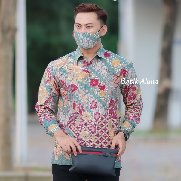 Kemeja Batik Pria Lengan Panjang Modern Premium keraton Solo Original Baju Seragam Batik Kekinian Sutra Pria Slim Fit Berkwalitas Jumbo Mega Mendung Dewasa Untuk Kondangan Pria Lengan Panjang BATIK ALUNA PL 120