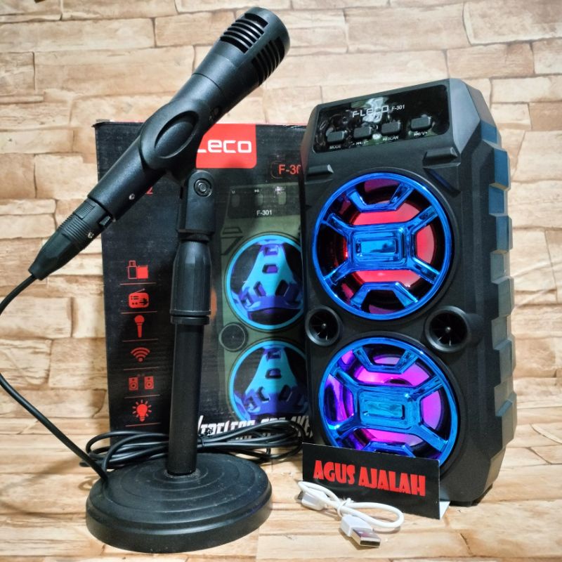 ✅cod speaker bluetooth fortable fleco f301 karaoke free mik radio /// speaker bluetooth x bass radio