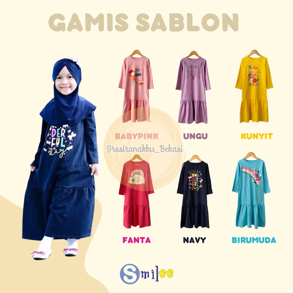 Gamis Kaos Anak Aplikasi Sablon Mix Warna Size 2-8Tahun