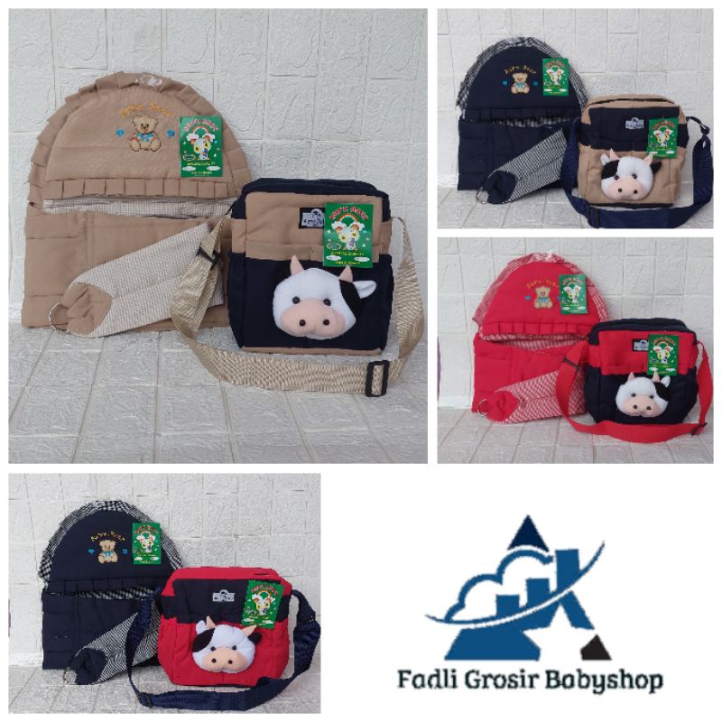 Tas Bayi Boneka Sapi Dan Gendongan Bayi Samping Topi Bordir (2 in1)