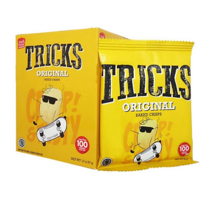 

Tricks Original Snack Crisps Cemilan Keripik kentang Gurih 1 box isi 10 x 20g