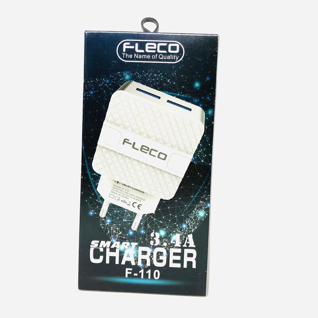 Travel Adaptor Fleco Dual USB Smart Charger 3.4a F-110/F110 FOR IPHONE TYPE-C MICRO USB Original FLECO