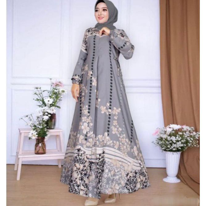 Zica Dress Wanita Silk Embroidery Premium Gamis Terbaru Lengan Pendek Baju Muslim Kekinian LD 110 cm