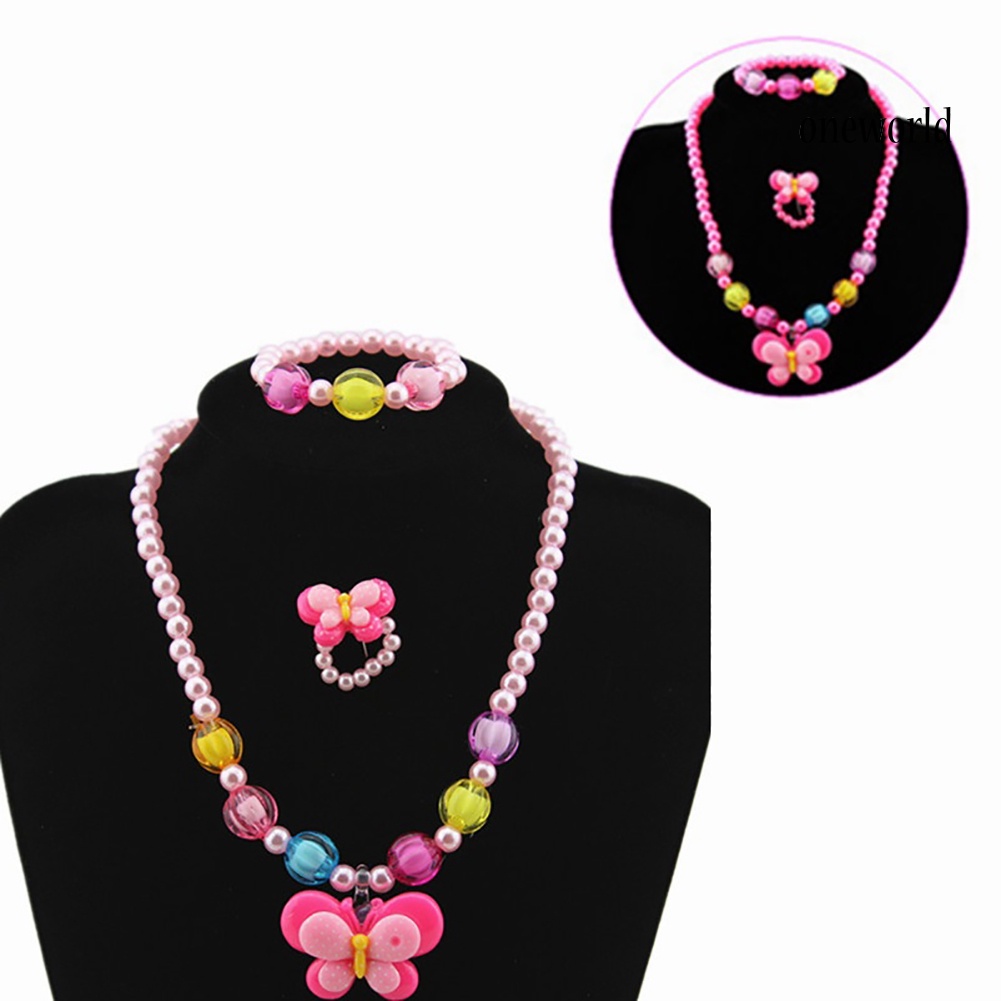 OW@ 3Pcs Girls Yellow Duck Butterfly Candy Bead Ring Necklace Bracelet Jewelry Set