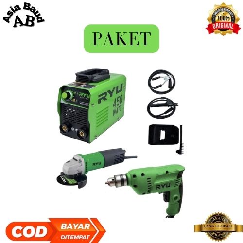 INVERTER TEKIRO RYU PAKET PERLENGKAPAN LAS //MESIN LAS + GERINDA RYU 4'+ BOR RYU 10MM  //HARGA TERJANGKAU!!!