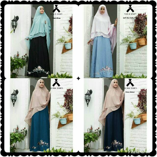 Gamis set khimar bordir. Gamis syari set murah. Yunia Syar'i