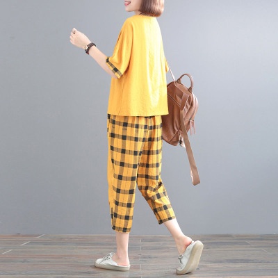 Ready One Set Katun Setelan Wanita M-4XL Blus Lengan Pendek Kotak Longgar Unik+3/4 Celana 2Pcs Women Set