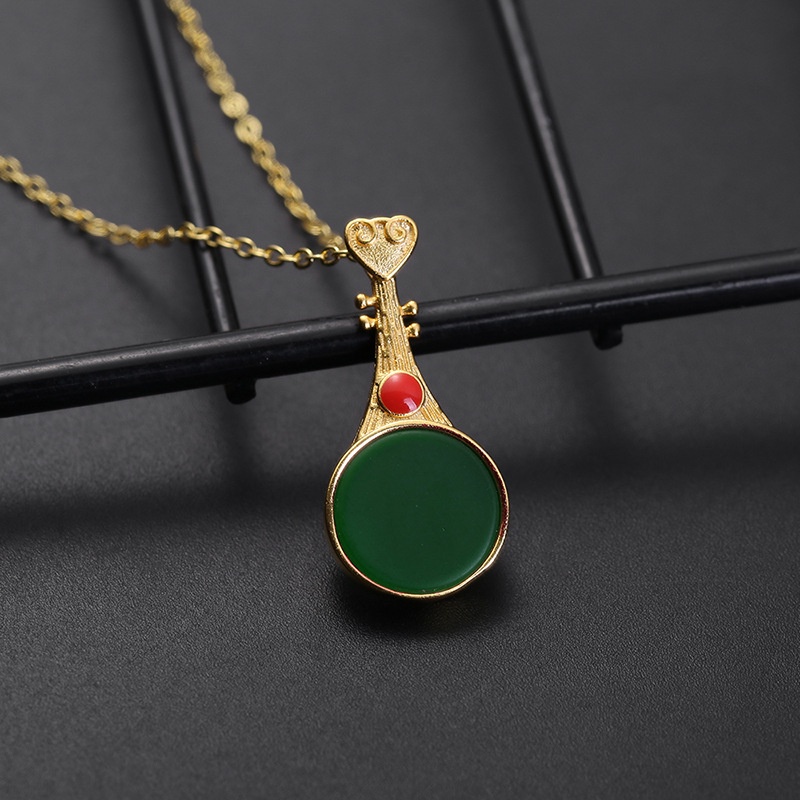 [Ready Stock]Fashion Mosaic Jade Gold Plated Pipa Pendant Necklace