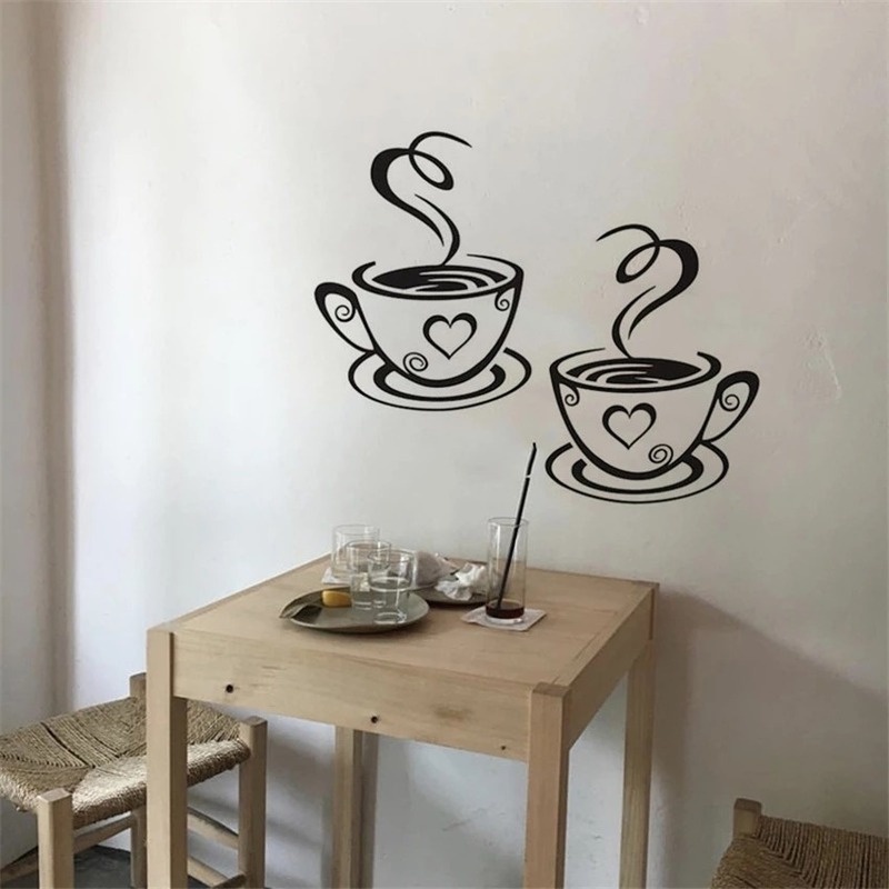 Stiker Dinding Desain Kartun Cangkir Kopi Teh Bahan Pvc Dengan Perekat