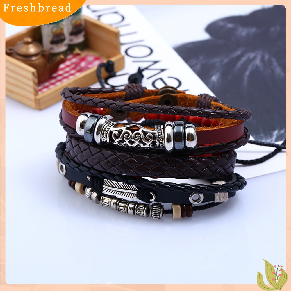 [TERLARIS]4 Pcs Retro Punk Men Beads Faux Leather Braid Multi Layers Adjustable Bracelets