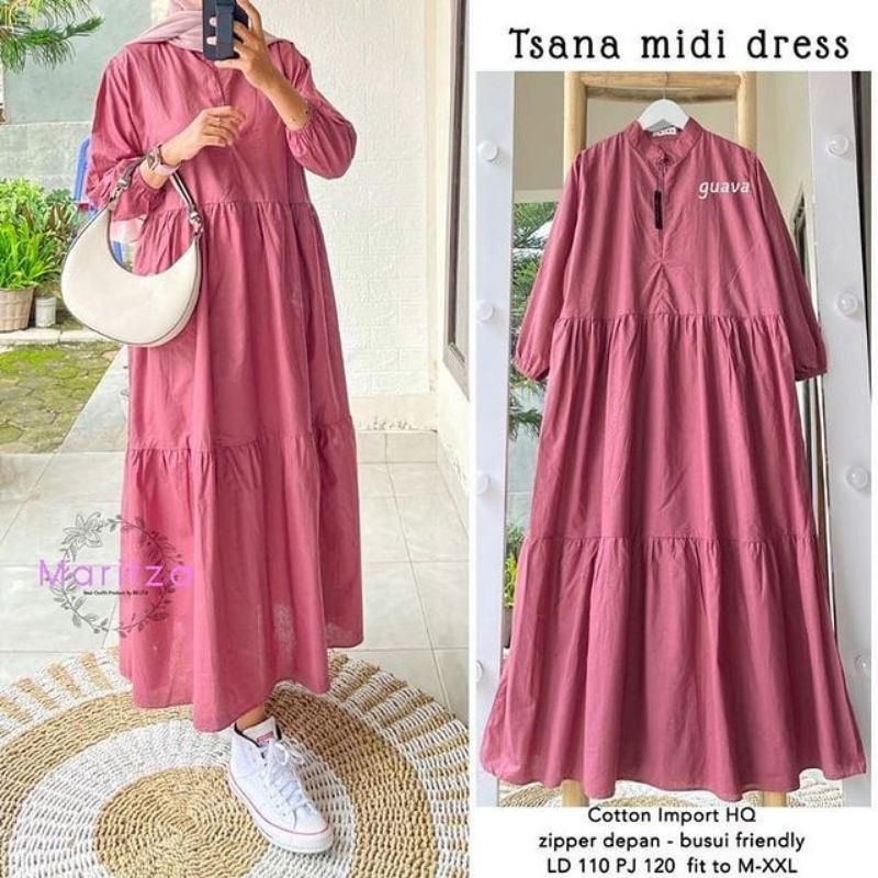 Midi Dress Katun. Fashion Muslim. Pakaian Wanita.  Midi Tunik. Tsana Midi Dress