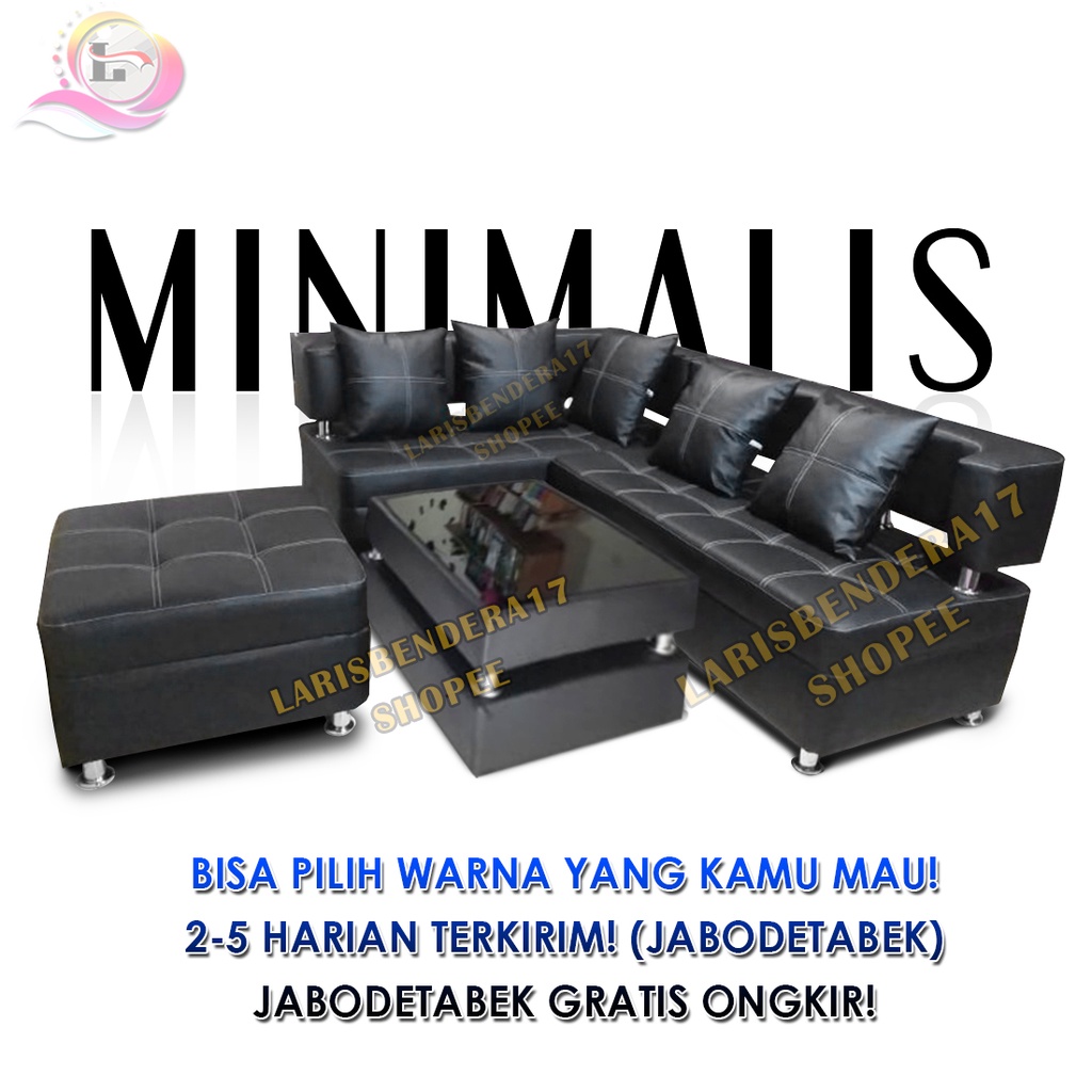 Sofa Ruang Tamu L Sudut Black Tiger + Meja + Stool Jumbo | Minimalis - Murah - Mewah | Hitam - Kulit