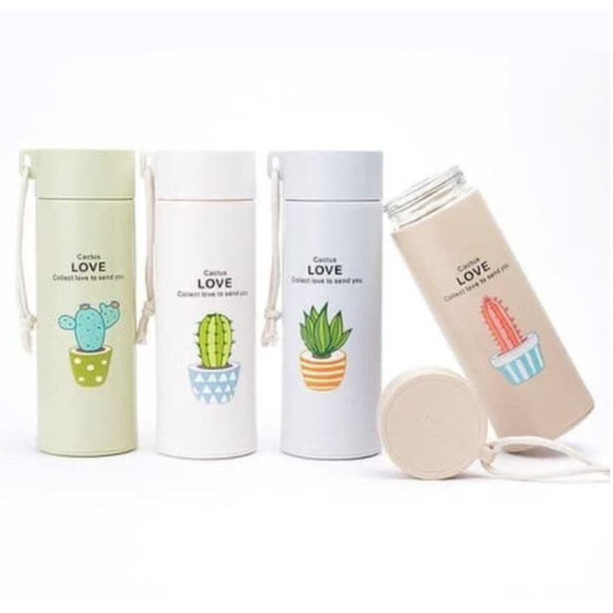 CACTUS LOVE BOTOL MINUM KACA dengan Pelindung Cover Karet 450ML