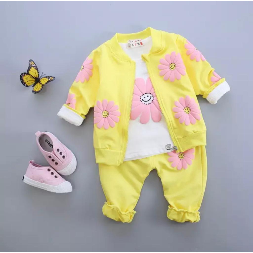 SETELAN ANAK PEREMPUAN SETELAN 3 IN 1 JAKET KAOS JOGGER ANAK MOTIF SUN FLOWER BAJU ANAK PEREMPUAN