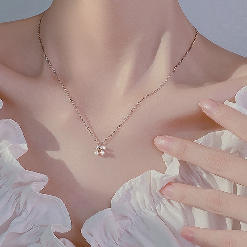 Co Co Co Kalung Rantai Pendan Ceri Hias Mutiara Imitasi Gaya Korea Untuk Wanita